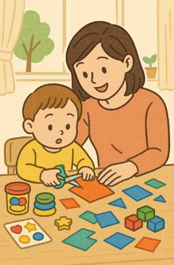 가위를 사용하며 소근육을 발달시키는 유아의 모습