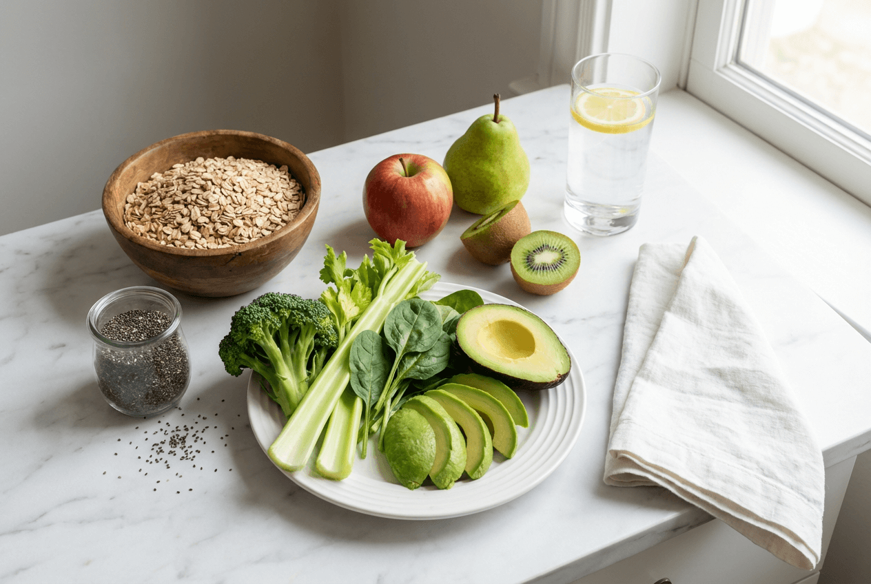 식이섬유가 풍부한 자연 식품들. 통곡물, 채소, 과일로 장 건강과 배변활동 개선.