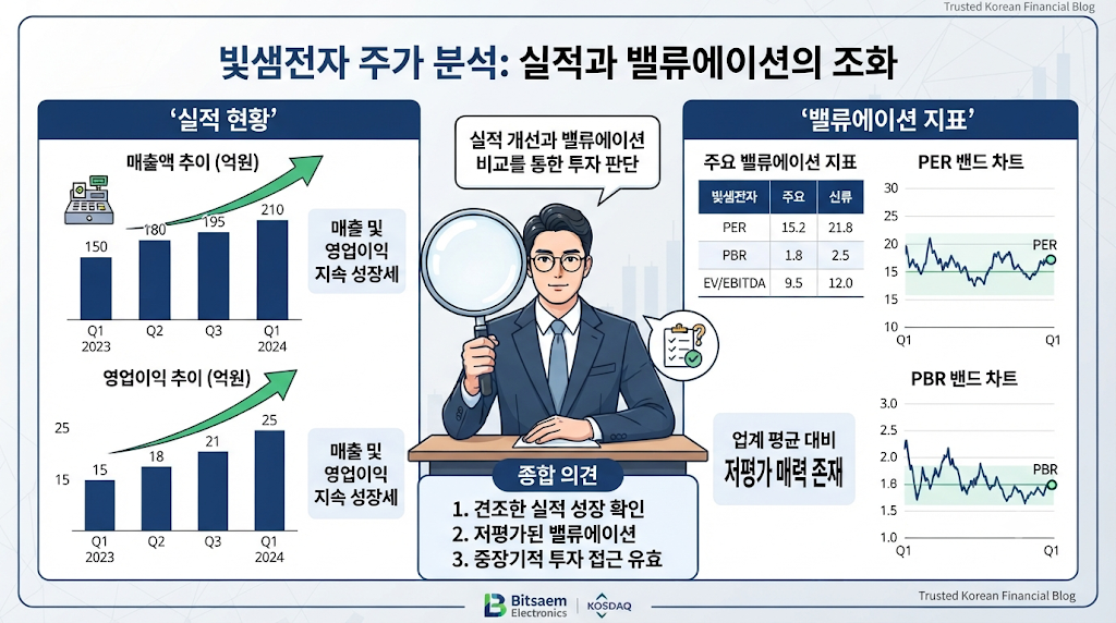 빛샘전자 주가를 판단하기 위해 실적과 밸류에이션을 함께 확인하는 구조