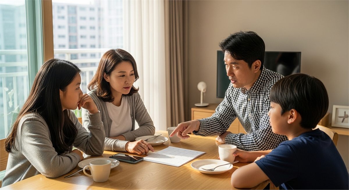 봄날 집에서 경남 민생지원금 신청 시기를 함께 확인하는 가족 모습 