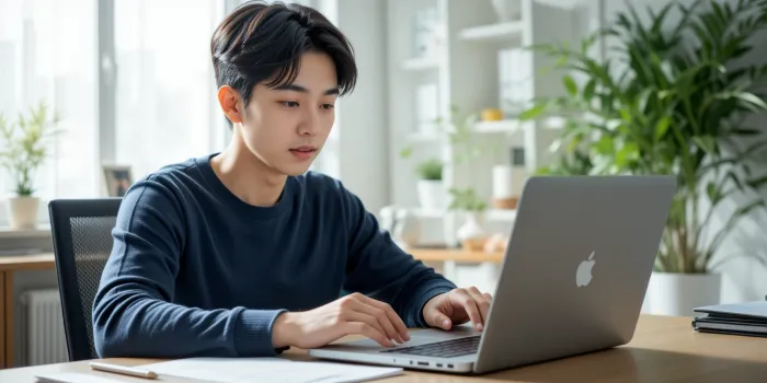 노트북으로 인터넷 요금을 점검하고 있는 실내 장면