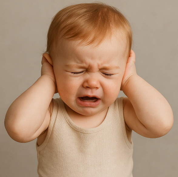 귀 잡고 아파하는 아기 사진