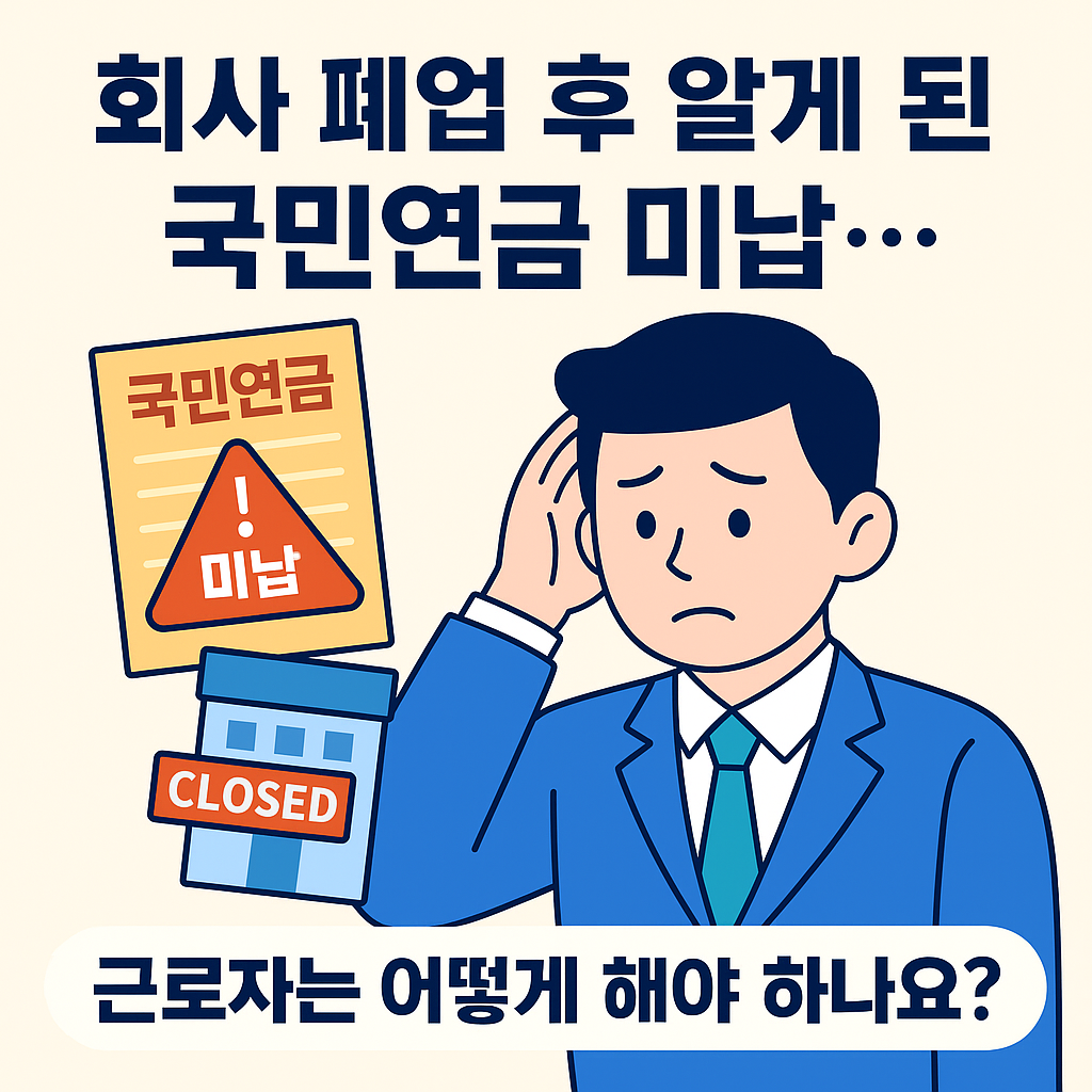 “정장을 입은 남성 캐릭터가 걱정스러운 표정으로 머리를 만지고 있으며, 옆에는 ‘국민연금 미납’ 경고 아이콘과 ‘CLOSED’ 표시가 붙은 회사 건물이 함께 있음. 상단에는 ‘회사 폐업 후 알게 된 국민연금 미납…’, 하단에는 ’근로자는 어떻게 해야 하나요?’라는 문구가 적혀 있음.”