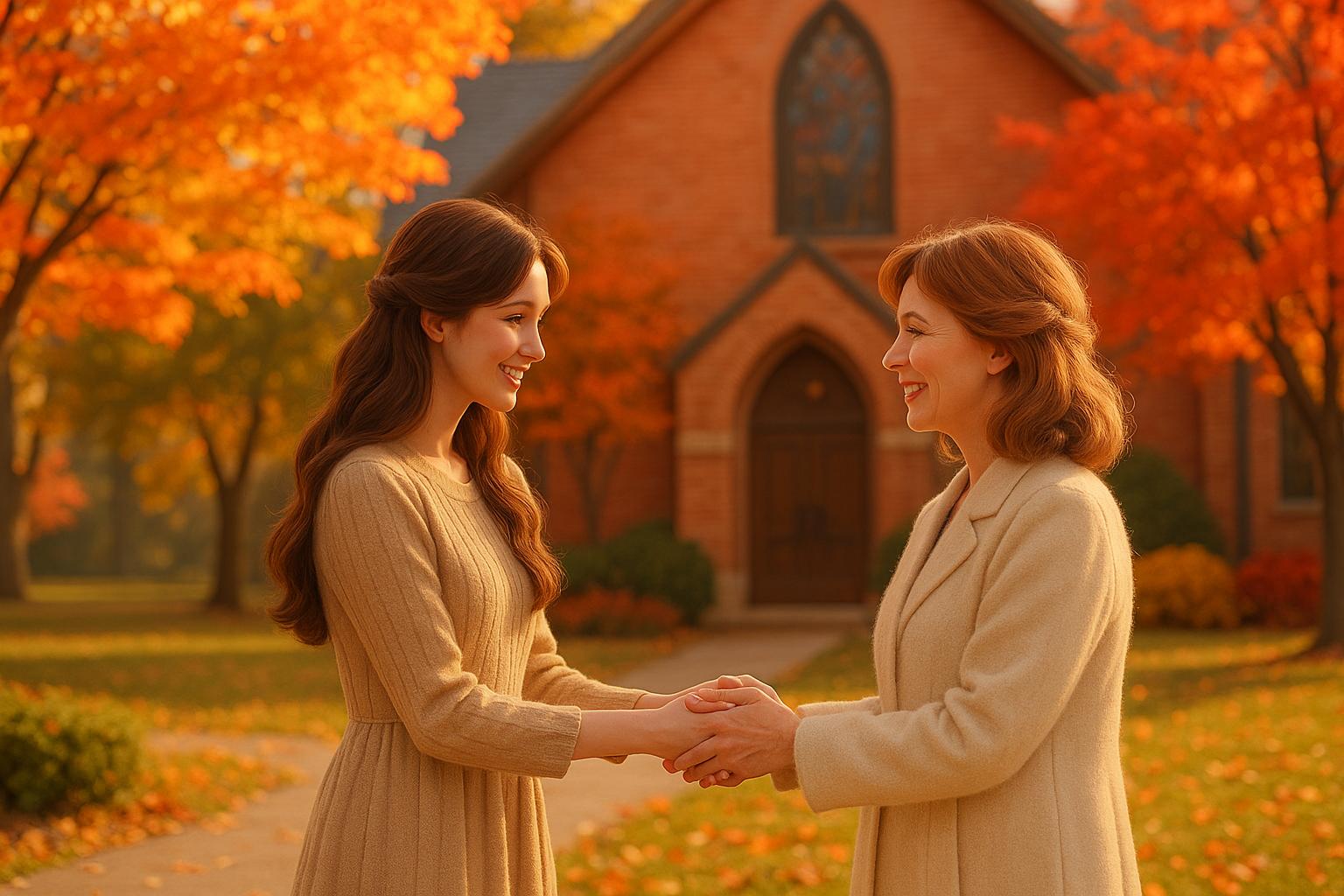 단풍이 물든 교회 앞에서 두 명의 여성 성도가 서로 미소로 인사하며 교제하는 따뜻한 모습. 가을 햇살이 부드럽게 비추는 평화로운 신앙 공동체의 장면.