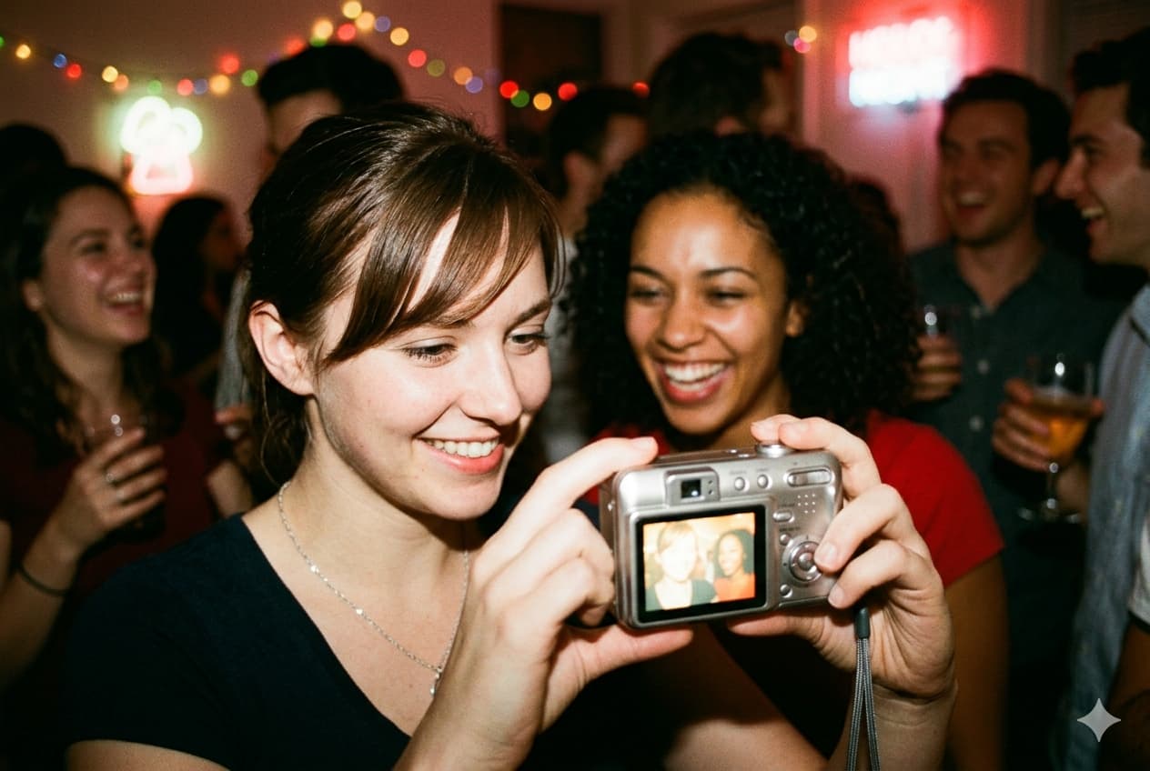 2000년대 레트로 스타일의 파티에서 후지필름 파인픽스 디카를 들고 찍은 사진을 확인하는 사람의 모습과 CCD 센서 특유의 거친 입자감이 느껴지는 감성 사진.