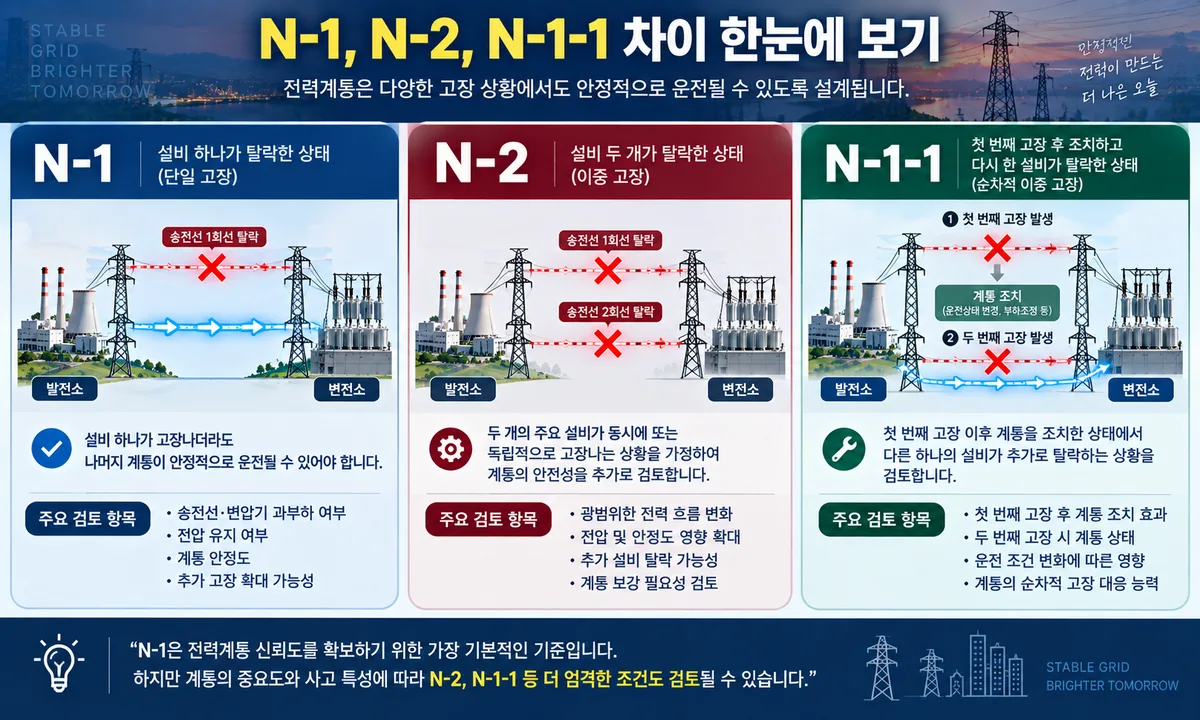 전력계통 N-1 N-2 N-1-1 사고 조건의 차이를 비교한 인포그래픽