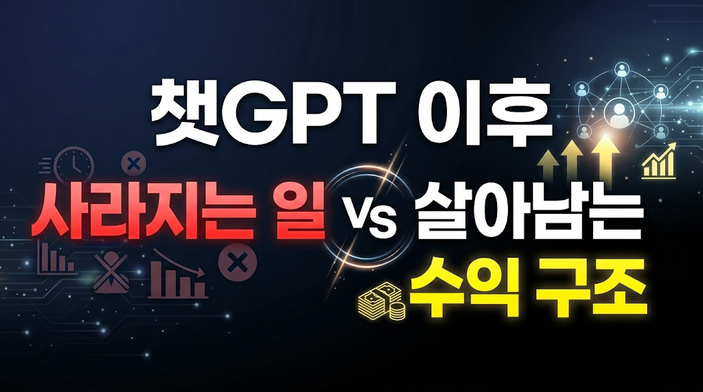 어두운 네이비색 테크놀로지 배경 위에 굵은 고딕체로 "챗GPT 이후 사라지는 일 vs 살아남는 수익 구조"라는 텍스트가 배치되어 있습니다. 왼쪽에는 빨간색 글씨의 '사라지는 일'과 함께 하락하는 그래프, 금지 표시 아이콘이 있고, 오른쪽에는 노란색 글씨의 '수익 구조'와 함께 상승하는 화살표, 지폐, 네트워크 아이콘이 대조를 이루며 시각적인 효과를 주고 있습니다.