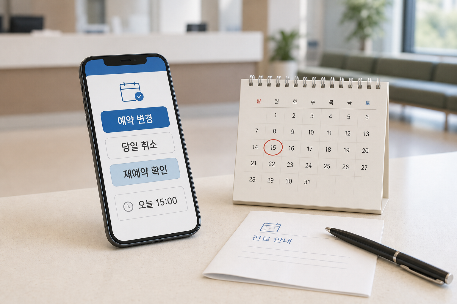 병원 예약 변경, 당일 취소, 재예약 확인 화면과 달력을 함께 보여주는 대표 이미지