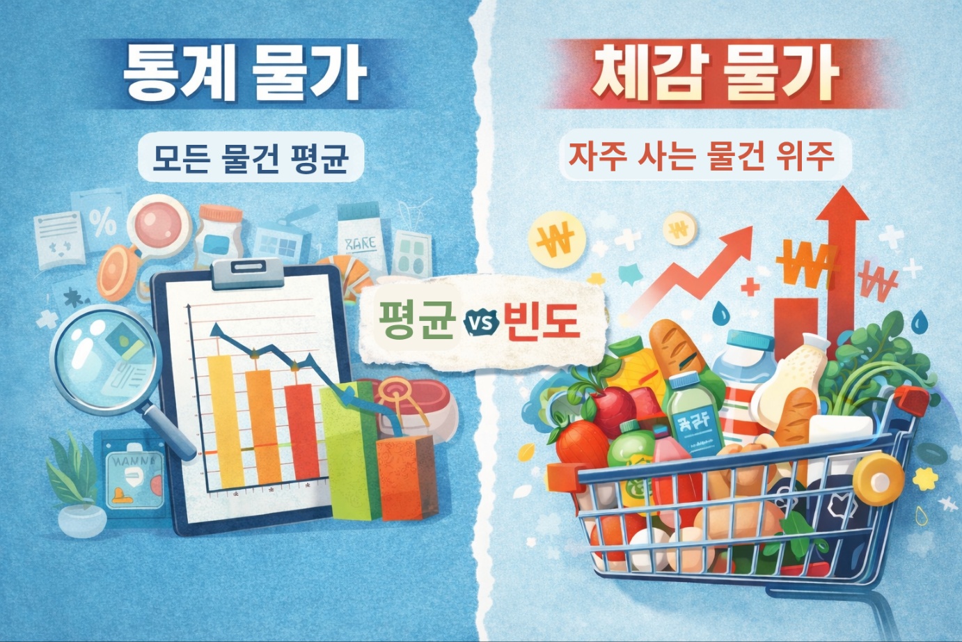 통계 물가는 모든 물건의 평균 가격, 체감 물가는 자주 사는 물건 중심이라는 차이를 평균과 빈도로 비교한 설명 이미지