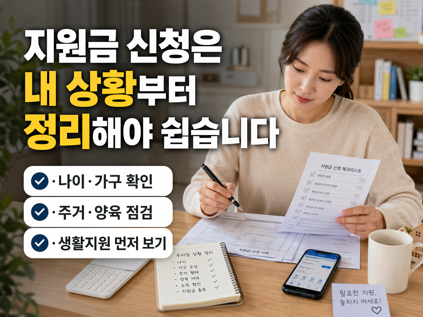 지원금 신청 전에 나이, 가구 형태, 주거 상태, 양육 여부, 생활지원 필요 항목을 먼저 정리하는 방법을 보여주는 체크리스트형 이미지입니다.