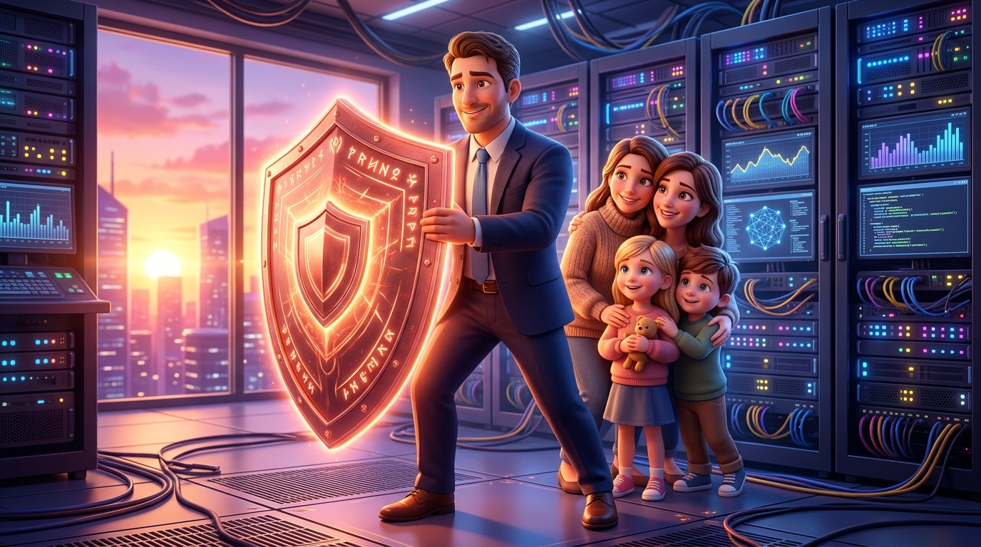 아빠가 붉은 구리 빛깔의 든든한 방패를 들고 가족 앞에 서 있고, 그 뒤로 AI 서버실이 환하게 빛나고 있는 따뜻한 3D 일러스트