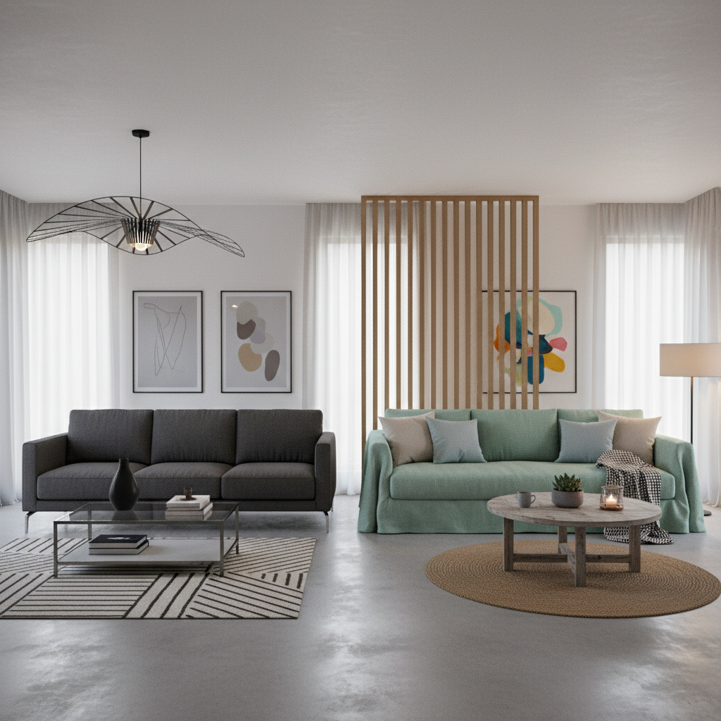 짙은 회색 소파 Before 사진과 민트 린넨 커버 After 사진 대조