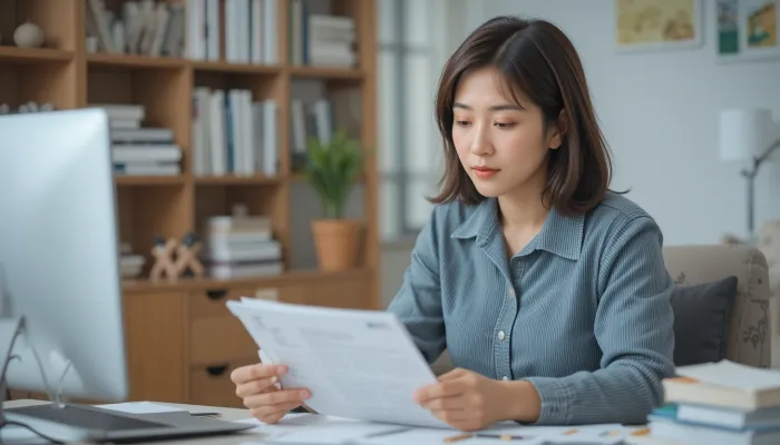 말띠 운세를 참고하여 가계부를 정리하는 중년 여성의 모습