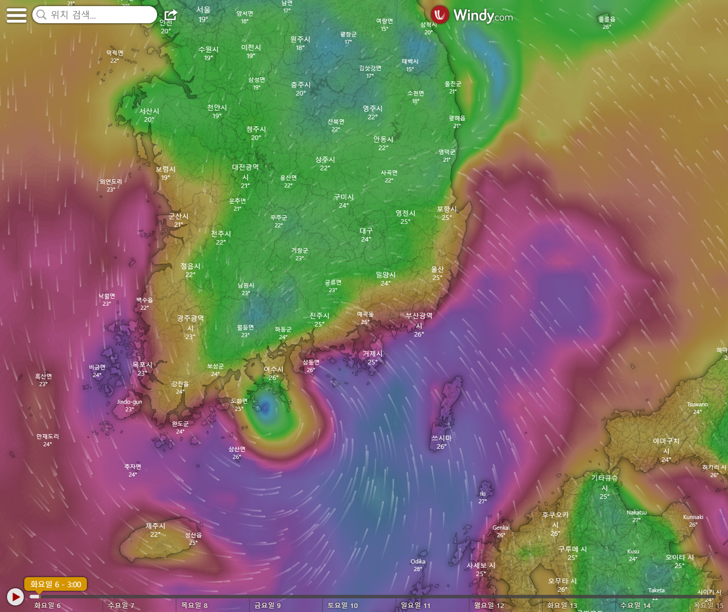 태풍 힌남노 Windy 이미지