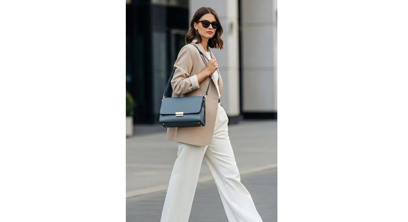 2026년 패션 트렌드, 롱 핸들 백을 어깨에 메고 세련되게 걷는 여성