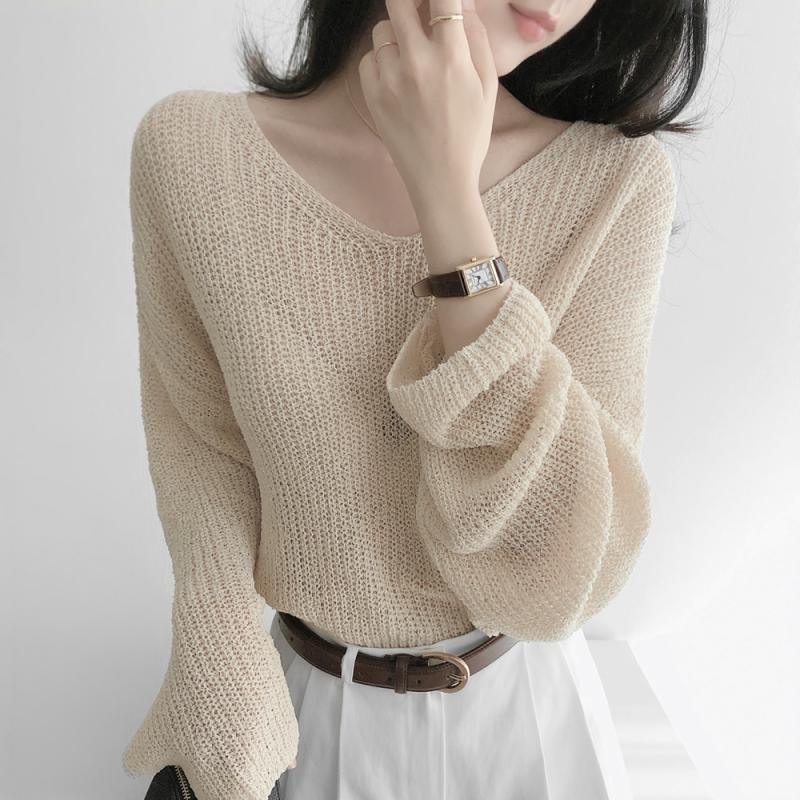 시스루 루즈핏 여성 망사 그물 브이넥 여름 니트