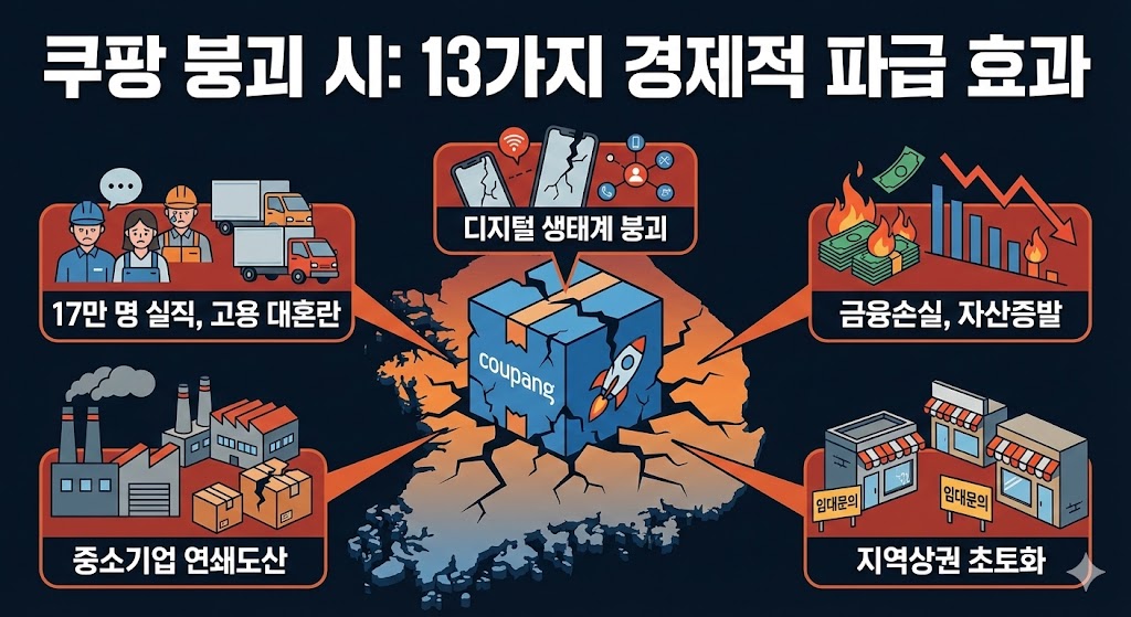 쿠팡 붕괴 시 발생하는 13가지 경제적 파급 효과를 다룬 인포그래픽. 깨진 쿠팡 상자를 중심으로 고용 대혼란(17만 명 실직), 중소기업 도산, 금융 손실, 지역상권 초토화 등 주요 부정적 영향을 시각화한 이미지입니다