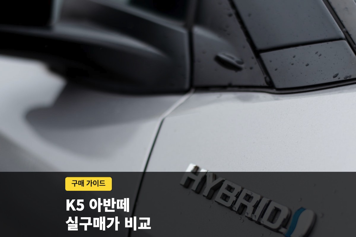 하이브리드 엠블럼이 붙은 흰색 차량의 옆면 일부