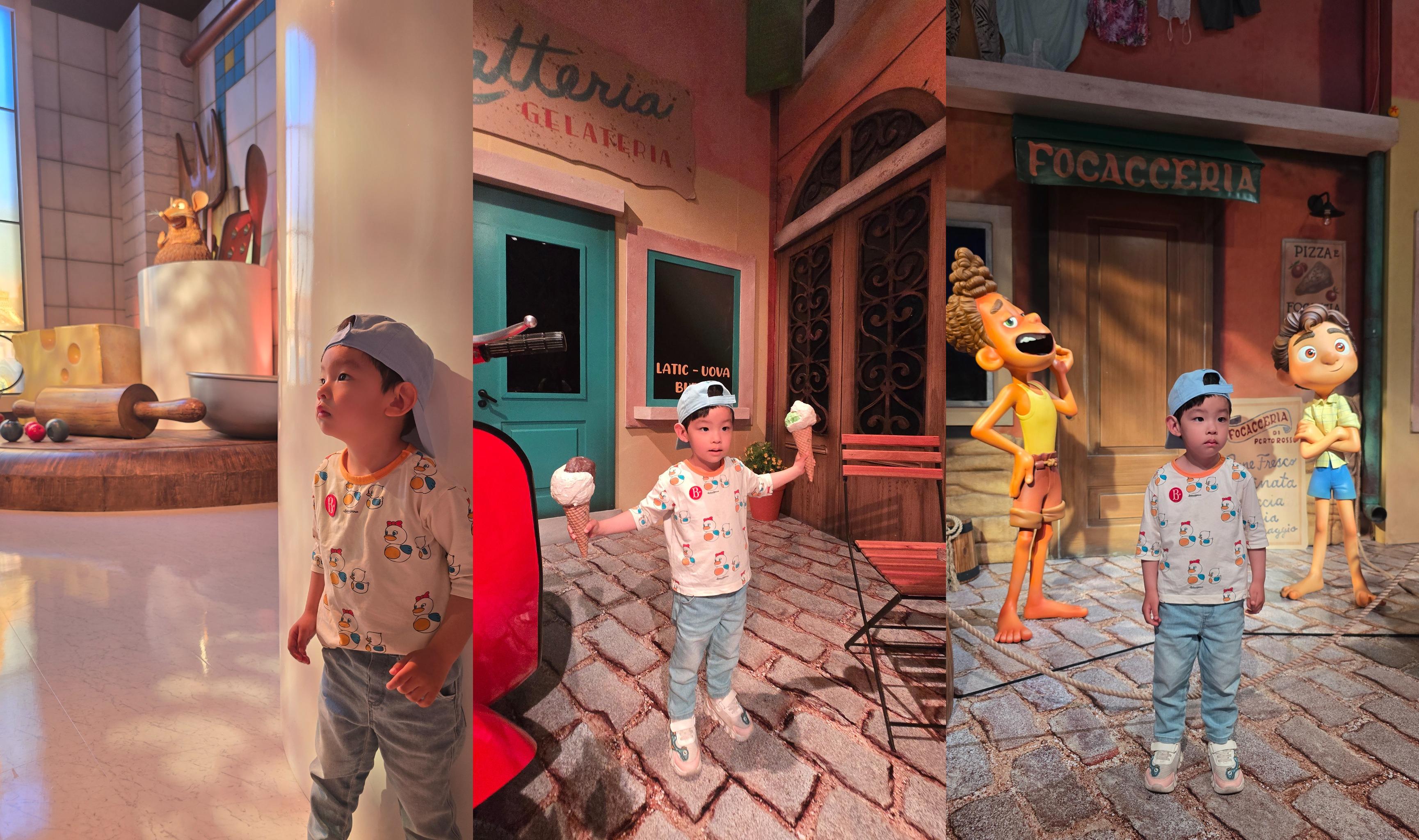 문도 픽사 전시회에서 아이가 체험한 라따뚜이, 루카 테마존의 모습이 담긴 세 컷의 콜라쥬 이미지. 요리사 쥐 레미가 있는 주방, 젤라또 아이스크림 포토존, 루카와 알베르토 캐릭터가 있는 이탈리아 마을 거리 세트가 포함되어 있다.