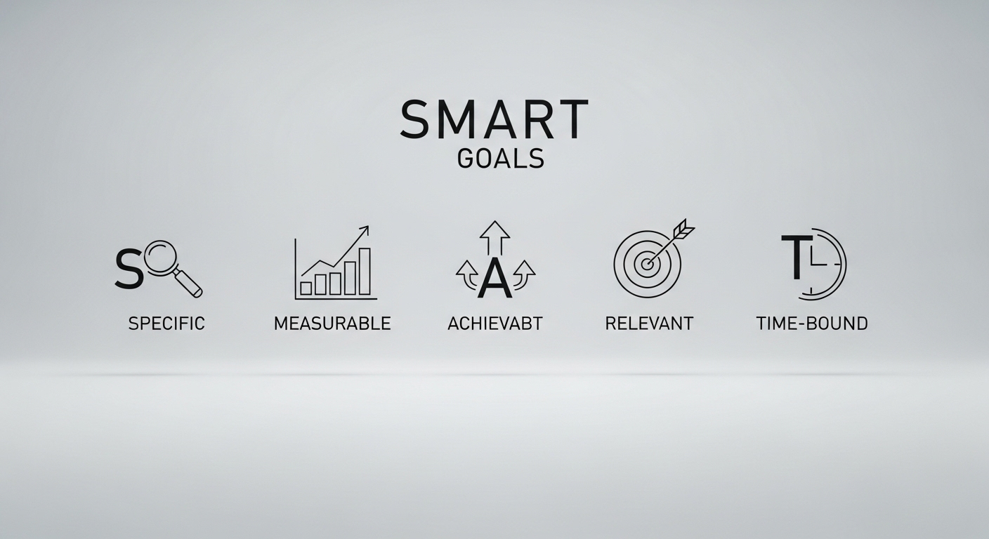 구체적, 측정 가능, 달성 가능, 관련성, 시간 기반의 스마트(SMART) 목표 설정 방법.