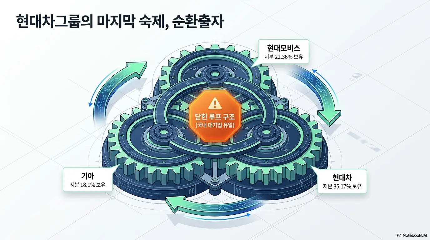 현대차그룹주 주가전망:'현대차그룹의 마지막 숙제, 순환출자'라는 문구가 포함된 인포그래픽 이미지. 이 이미지는 현대모비스 22.36%, 현대차 35.17%, 기아 18.1%로 맞물려 닫힌 순환출자 고리 구조를 시각적으로 전달하며, 블로그의 현대차그룹 지배구조 분석과 관련된 내용을 설명함