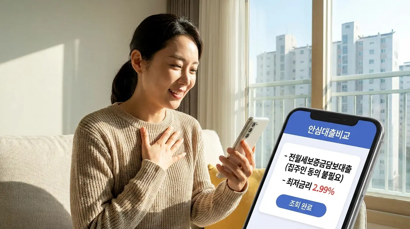 스마트폰 안심 대출 비교 플랫폼을 통해 집주인 동의 없이 전월세 보증금 담보 대출 최저 금리를 조회하고 안도하는 소비자의 모습