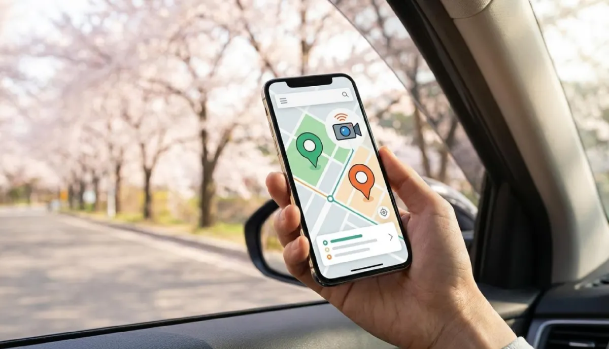 스마트폰을 활용한 벚꽃 실시간 개화 상황 확인 및 주차장 예약 앱 사용법 요약 화면