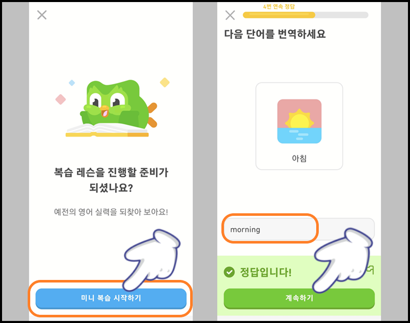 복습 과정 진행 또는 영어 단어를 직접 입력해 정답 맞히기