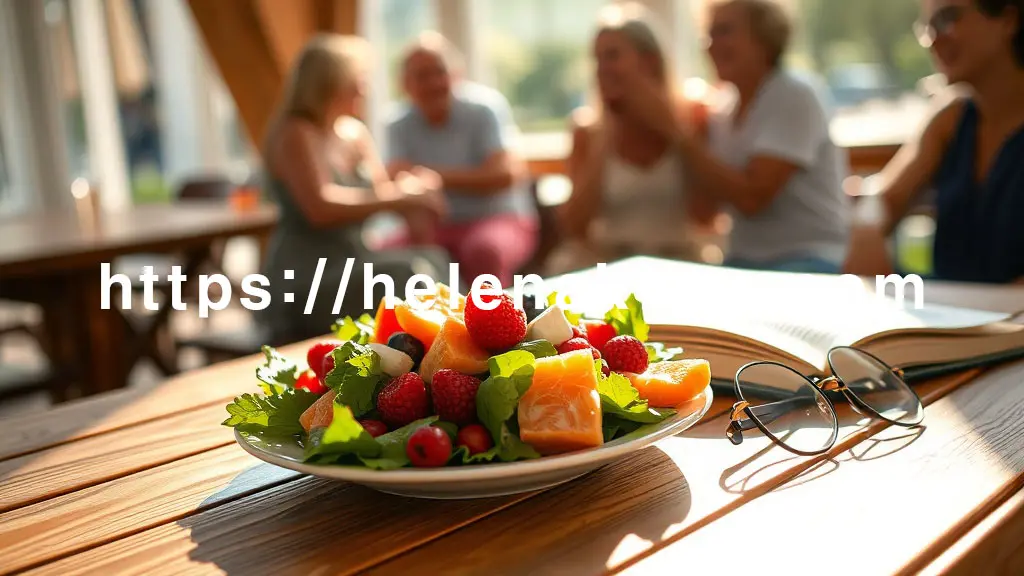 따뜻하고 부드러운 햇살이 비추는 탁자 위. 뇌 건강에 이로운 요소들이 조화롭게 놓인 모습. 싱싱한 베리류와 연어 조각이 담긴 지중해식 샐러드, 그 옆에는 오픈된 독서 책과 안경이 있는 모습, 배경으로는 환하게 웃으며 대화하는 사람들의 흐릿한 실루엣이 보이는 이미지.