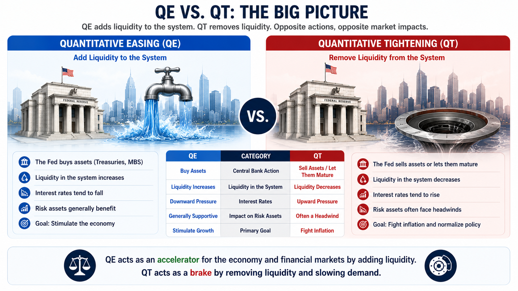 Quantitative Easing vs Quantitative Tightening comparison showing liquidity expansion liquidity withdrawal and market impact