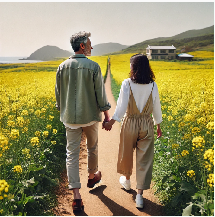 제주도 유채 꽃밭을 걷는 중년 부부