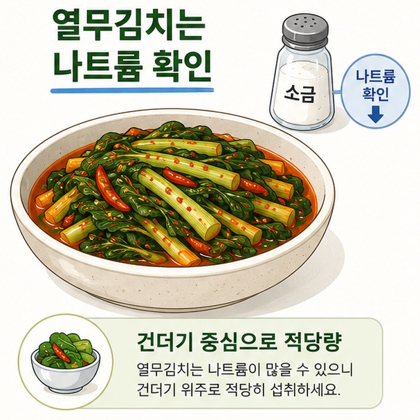 열무김치는 영양성분과 함께 소금과 양념으로 인한 나트륨 섭취량도 고려해야 함을 설명한 이미지