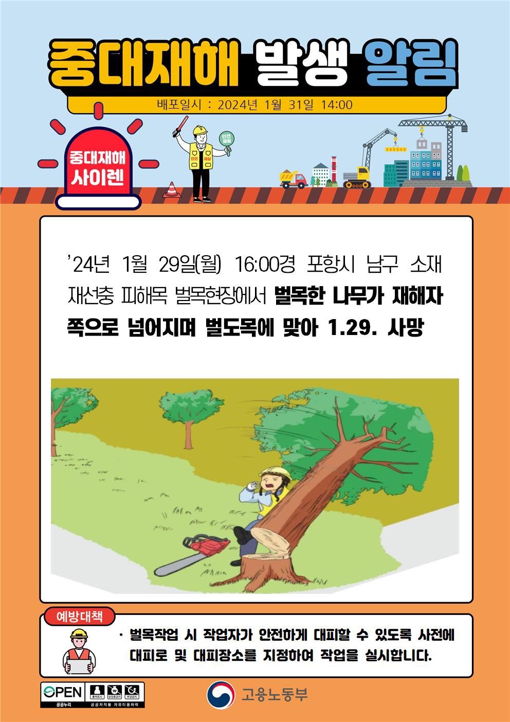 벌목한 나무가 재해자 쪽으로 넘어지며 벌도목에 맞음