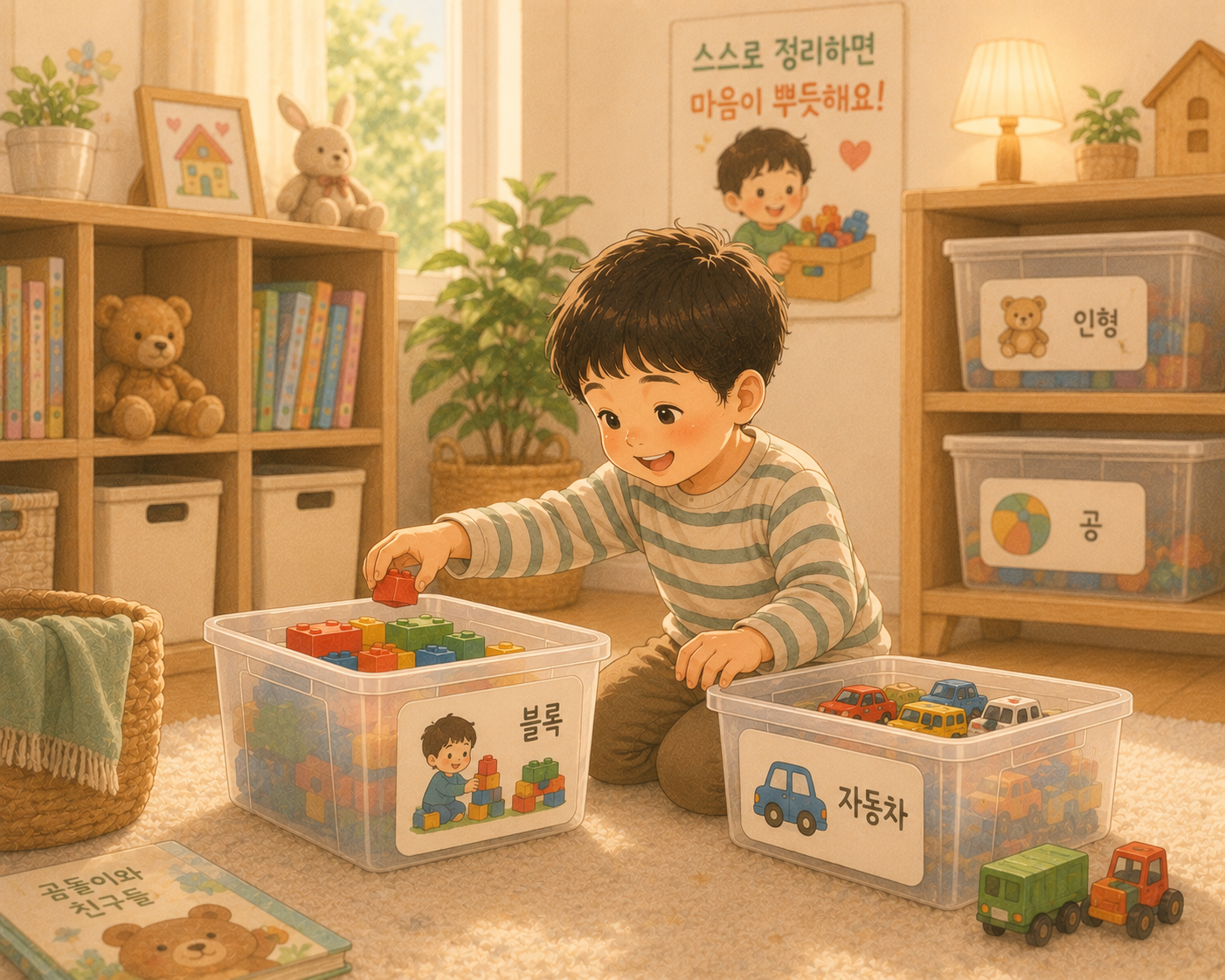 아이가 그림 스티커가 붙어 있는 장난감 정리함에 블록과 자동차를 스스로 정리하는 모습