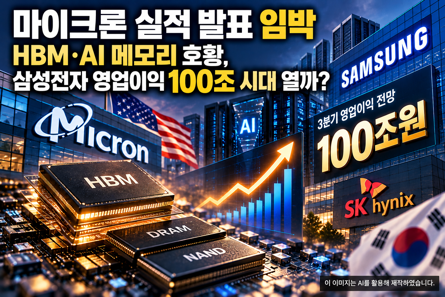 마이크론 실적 발표와 HBM·AI 메모리 호황, 삼성전자 영업이익 100조원 전망을 표현한 이미지