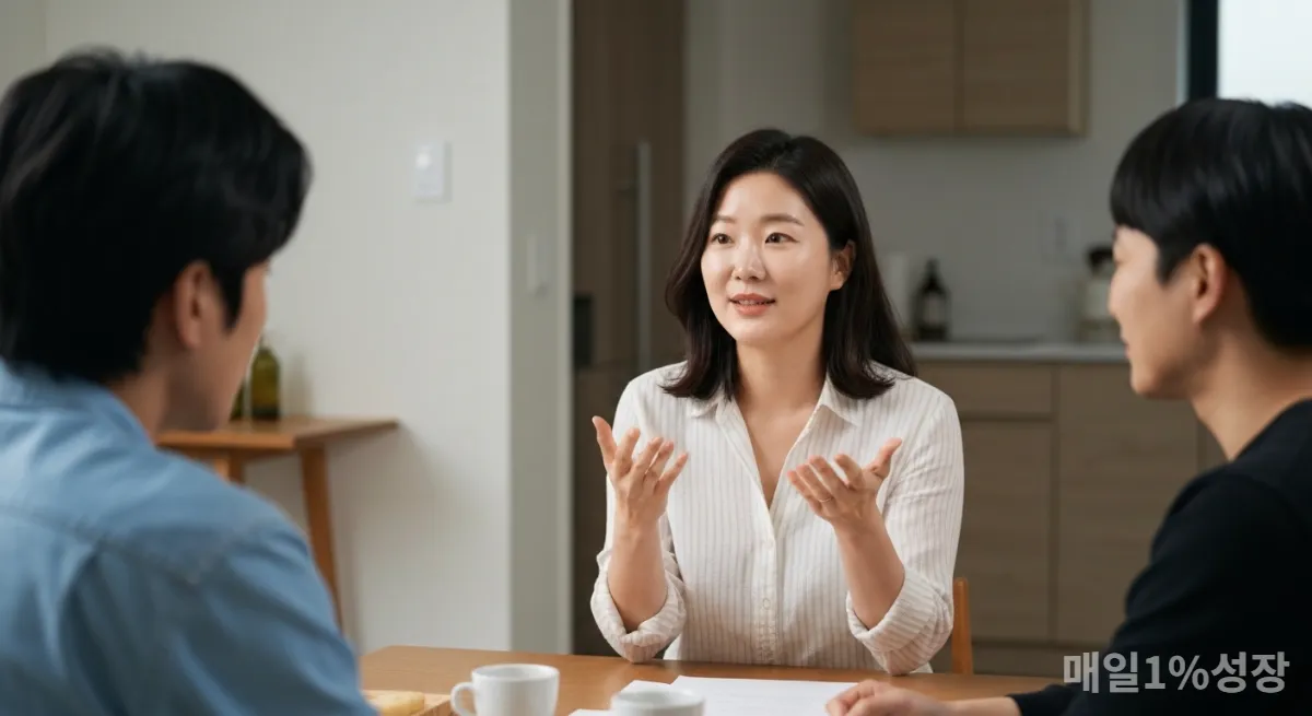 서울의 아파트에서 친구들과 모여 자신의 의견을 명확하게 표현하는 30대 한국 여성