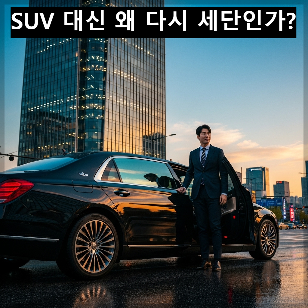 세련된 도심 빌딩 숲을 배경으로 매끄럽고 길게 뻗은 검정색 플래그십 세단이 정차해 있으며, 그 옆에서 성공한 분위기의 한국인 남성이 자신감 넘치는 표정으로 차 문을 열고 내리려는 찰나의 프리미엄 화보 이미지