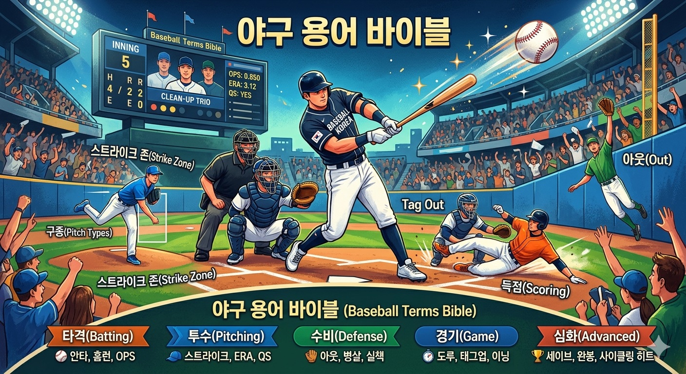 야구 경기장 배경에 타격, 투구, 수비 상황과 함께 안타, 홈런, OPS, ERA, QS 등 주요 야구 용어가 정리된 인포그래픽 이미지