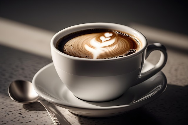 하얀 커피잔에 카페라데가 가득 담겨있다. 왼쪽엔 커피스푼이 있다.