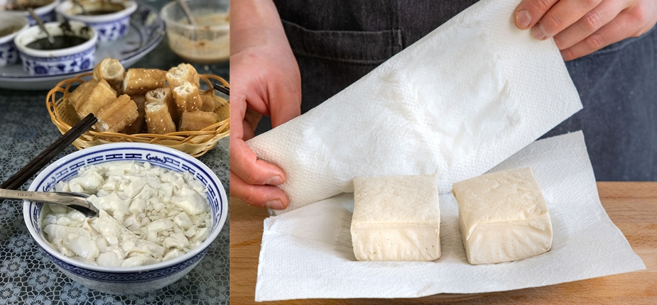 그릇에 담긴 연두부와 빵, 그리고 손두부를 만든 후에 물기를 빼기 위해 휴지로 닦는 사진 - 태음인(太陰人)에게 맞는 음식