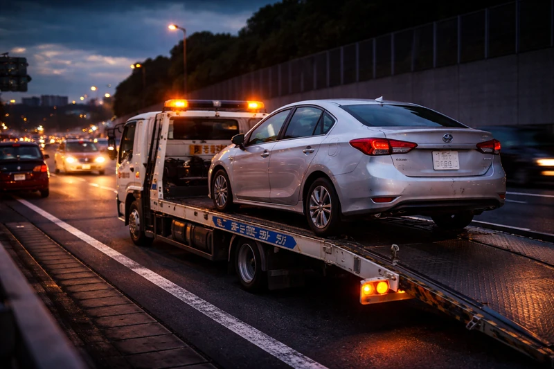해 질 무렵 일본 고속도로 갓길에서 경미한 범퍼 손상이 있는 렌터카가 견인차 적재함에 실려 이동되는 모습. 주변 차량들은 움직이며 흐리게 보이고, 현장은 지연과 문제 상황의 분위기를 전달한다.