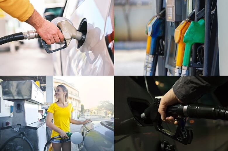 상단좌측부터 오른속으로 승용차에 주유를 하고 있는 모습과 주유기에 노란색, 녹색, 파란색 주유구 손잡이가 걸려있는 사진이며 하단좌측부터 노란색 반팔티에 청반바지를 입은 여성이 흰색 승용차에 오른손으로 주유를 하고 있는 모습과 검정색 승용차에 오른손으로 주유를 하고 있는 사진