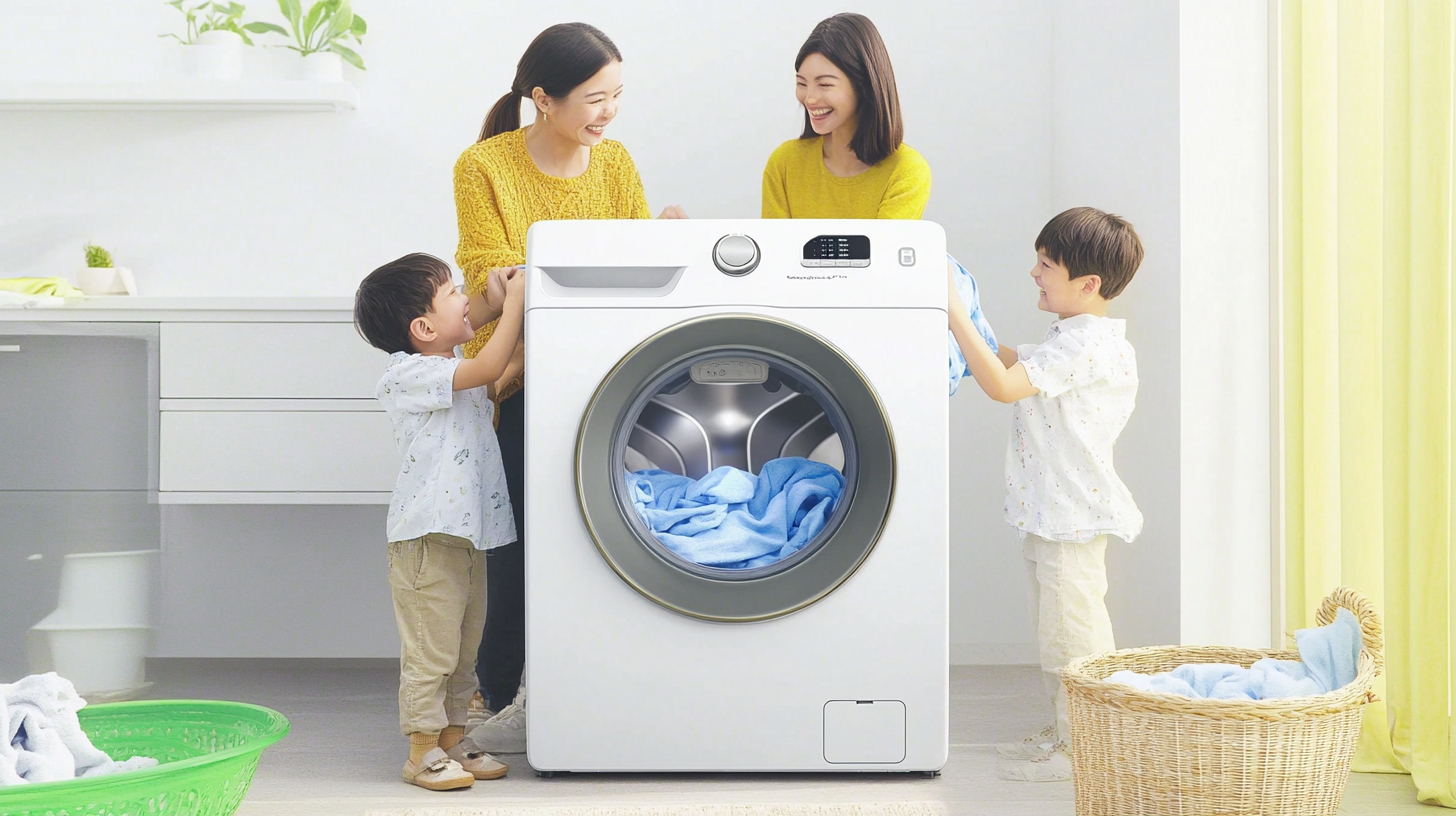 네 가족이 행복하게 세탁을 하고 있으며, 삼성 세탁기가 효율적으로 세탁물을 관리하는 모습