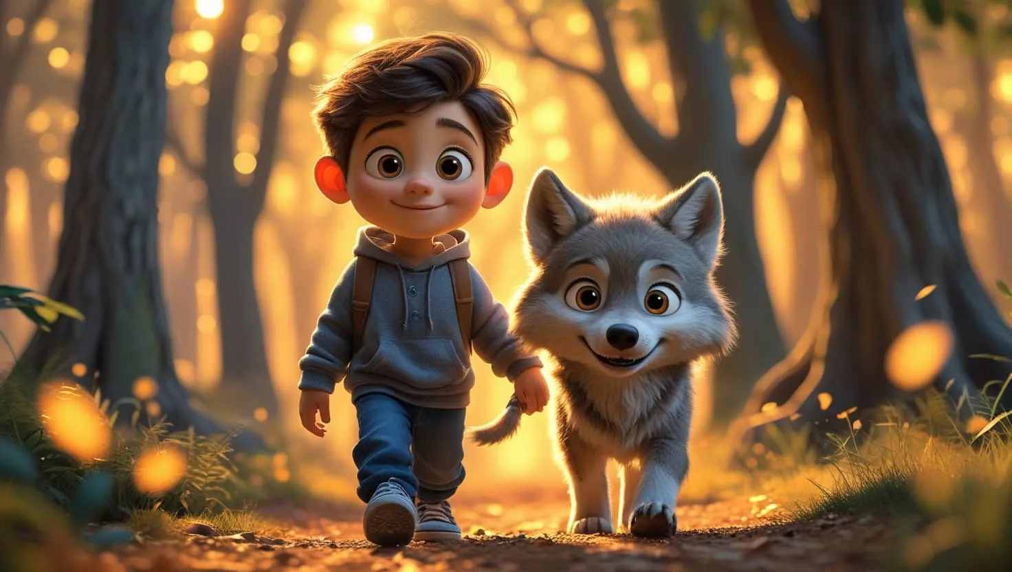 픽사풍 스타일의 소년과 아기 늑대가 가을빛이 비치는 숲속 길을 나란히 걸으며 서로를 바라보는 장면의 이미지. 이 이미지는 따뜻한 우정과 모험심이 느껴지는 3D 애니메이션 감성을 시각적으로 전달하며, 블로그의 픽사풍 AI 캐릭터 제작 및 이야기 연출 주제와 관련된 내용을 설명함 (Pixar-style boy and baby wolf, forest walk, 3D animated adventure scene)