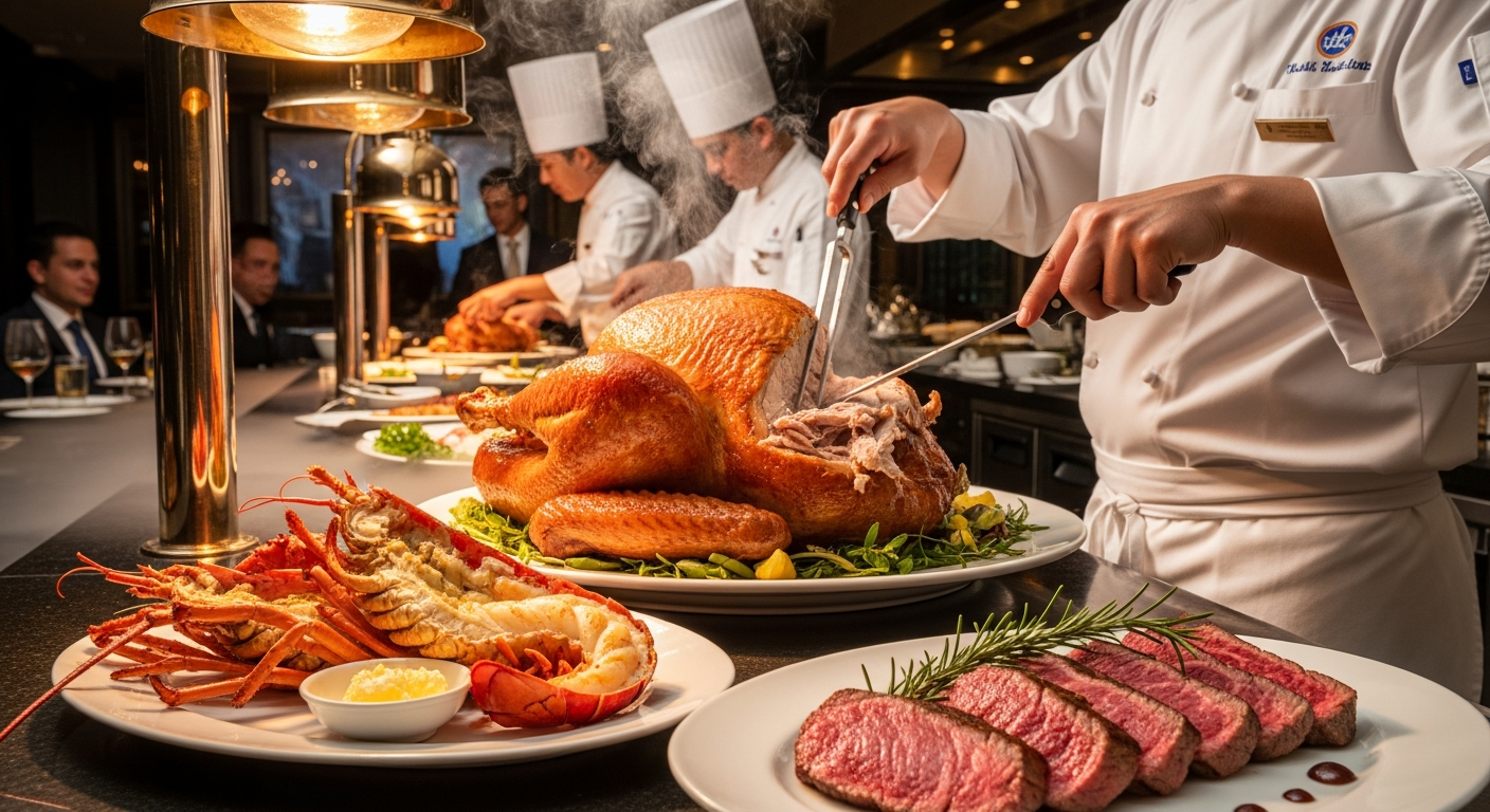 셰프가 눈앞에서 직접 썰어주는 로스트 터키와 호화로운 식재료