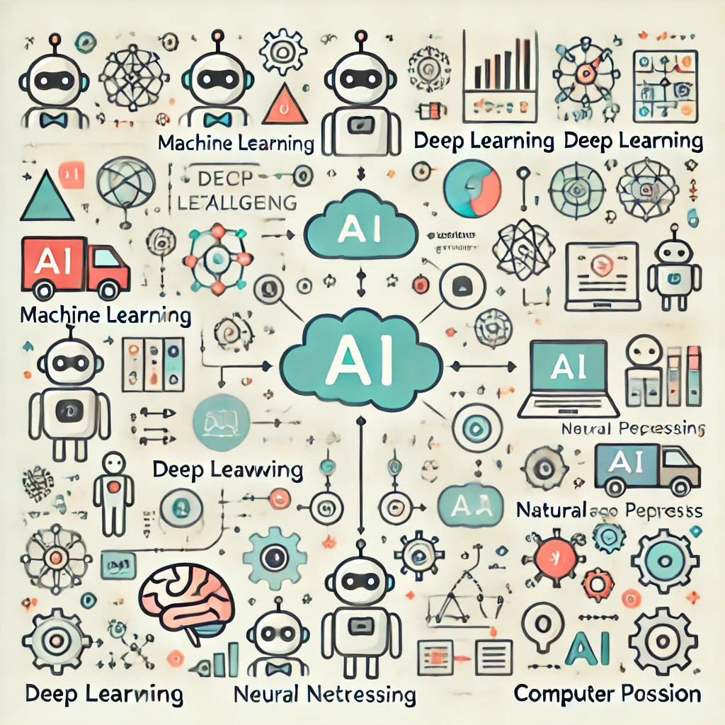 AI, 머신러닝, 딥러닝, 뉴럴 네트워크, NLP, 컴퓨터 비전 개념을 인포그래픽 형식으로 정리한 이미지