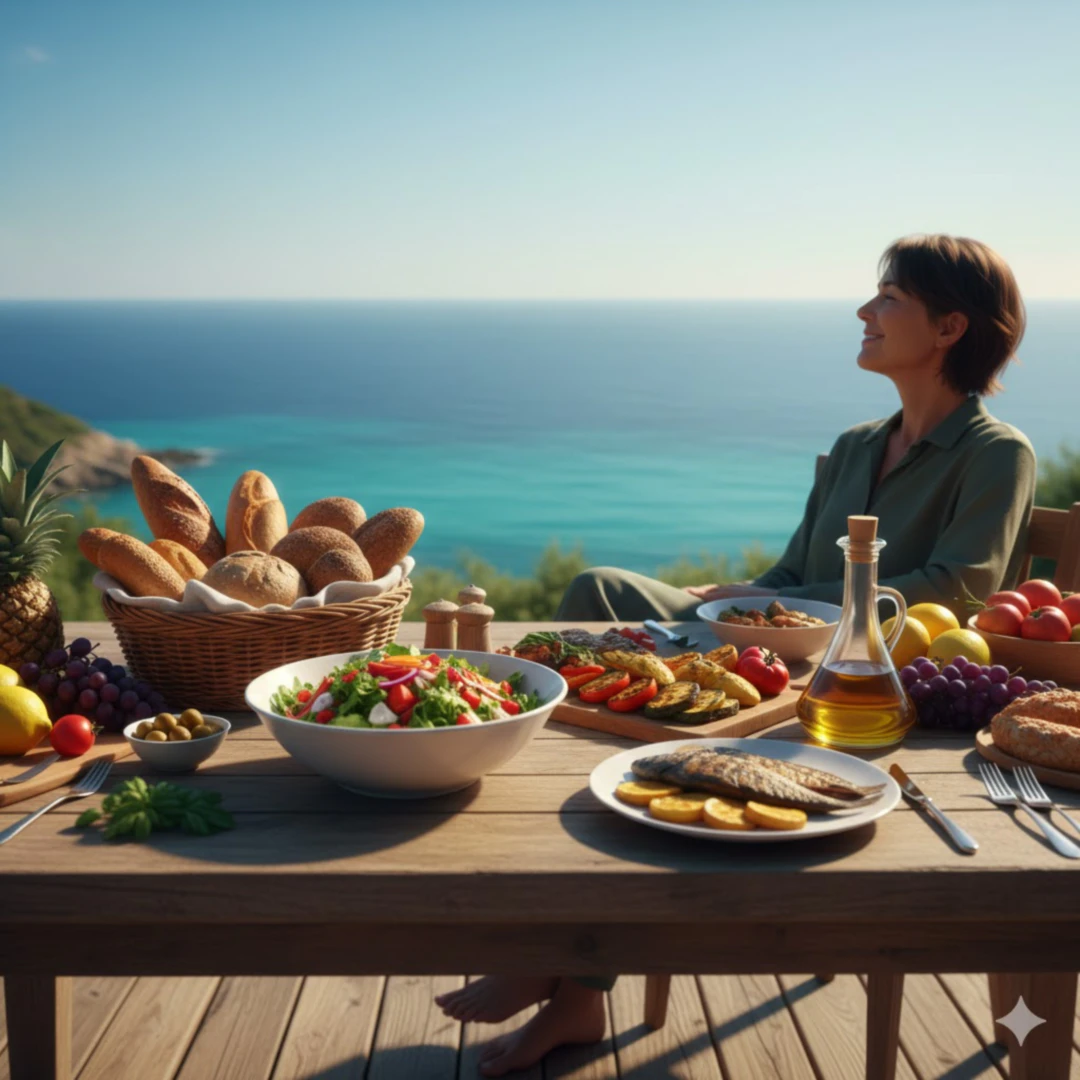 푸른 바다가 보이는 지중해풍의 아름다운 풍경을 배경으로&amp;#44; 신선한 과일&amp;#44; 채소&amp;#44; 통곡물&amp;#44; 그리고 올리브 오일 병이 담긴 건강한 식탁이 놓여있는 모습입니다. 테이블 옆에는 활기차고 건강해 보이는 연령대 불명의 사람 (뒷모습 또는 실루엣)이 편안하게 미소 짓고 있는 모습으로&amp;#44; 장수와 활기찬 삶의 이미지를 연출합니다. 따뜻하고 자연스러운 색감이 주를 이룹니다. 
