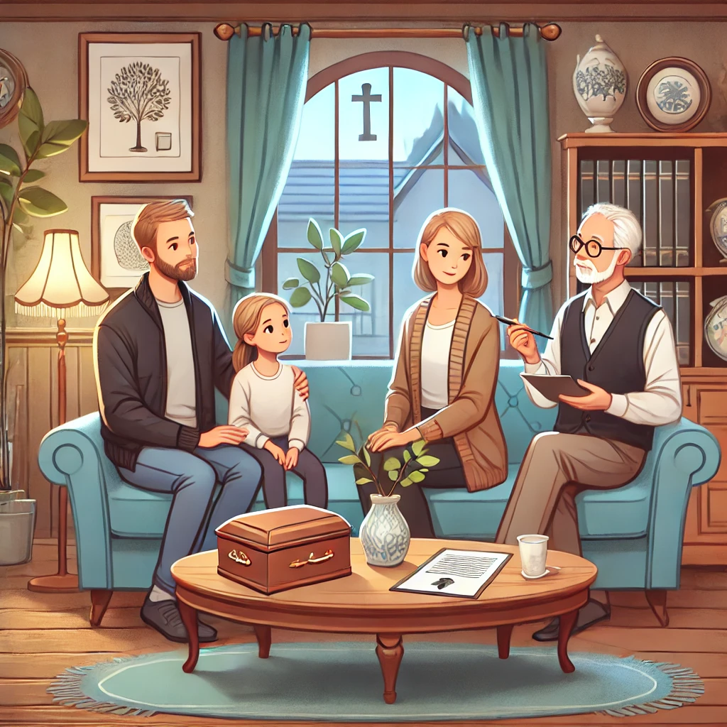 가족들이 상속과 재산 계획에 대해 집에서 논의하는 장면, 아늑한 분위기