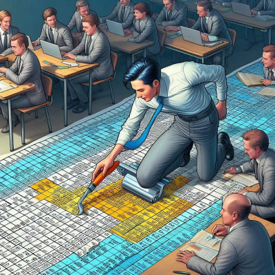 현대인이 과거 시험장 같은 곳에서 스프레드시트를 검토하는 장면