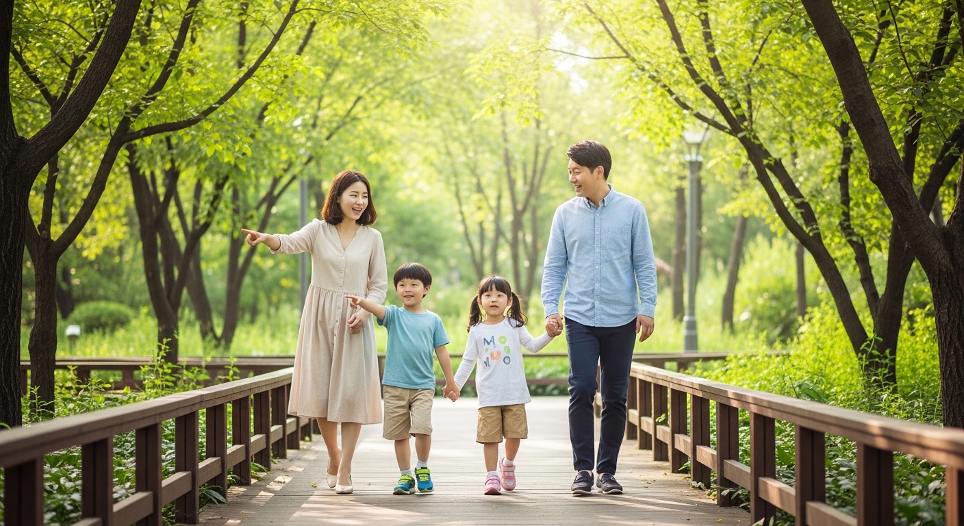 울창한 숲길을 손잡고 걷는 행복한 가족의 모습, 화담숲의 아름다운 자연을 만끽하는 아이들과 부모님